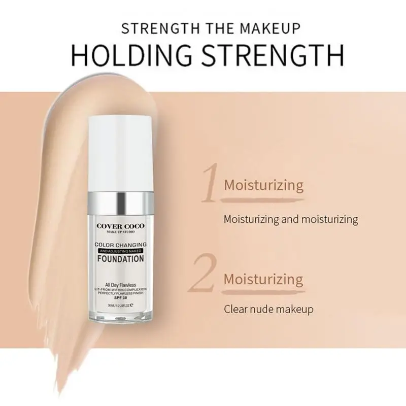 Color Changing Concealer 30ml Colour Changing Warm Skin Tone Foundation SPF 30 Makeup Base Nude Face Liquid Cover Concealer