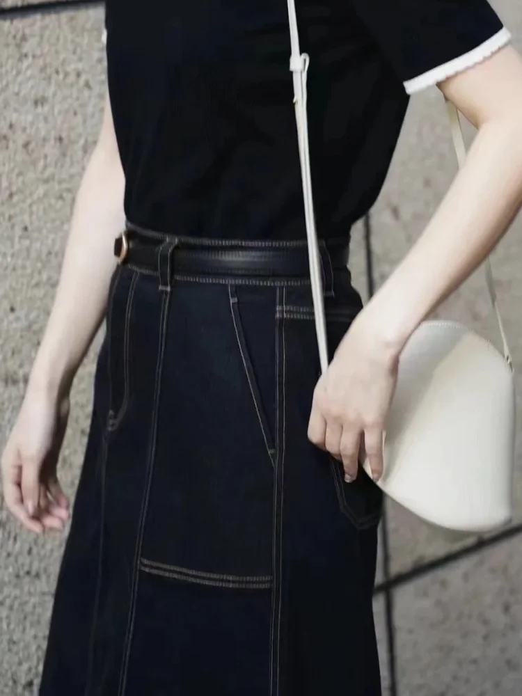 Falda de mezclilla de sarga de longitud media para mujer, falda versátil de cintura alta con bolsillo, línea A, ropa de otoño, 2024