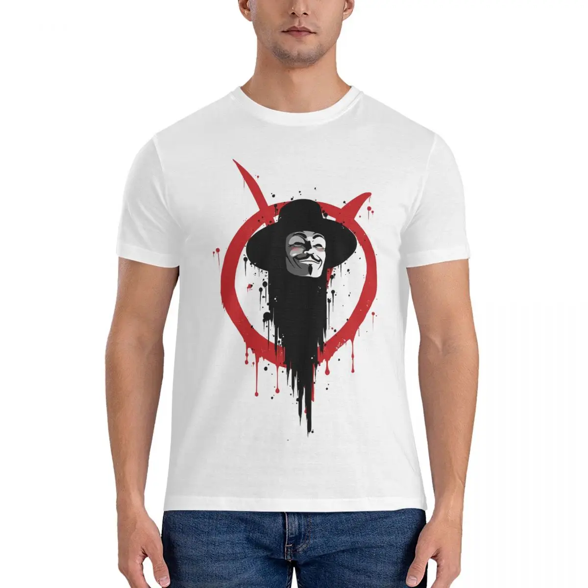 Red Ink T Shirts Men's 100% Cotton Creative T-Shirt Crew Neck V For Vendetta Tee Shirt Short Sleeve Clothes Printed