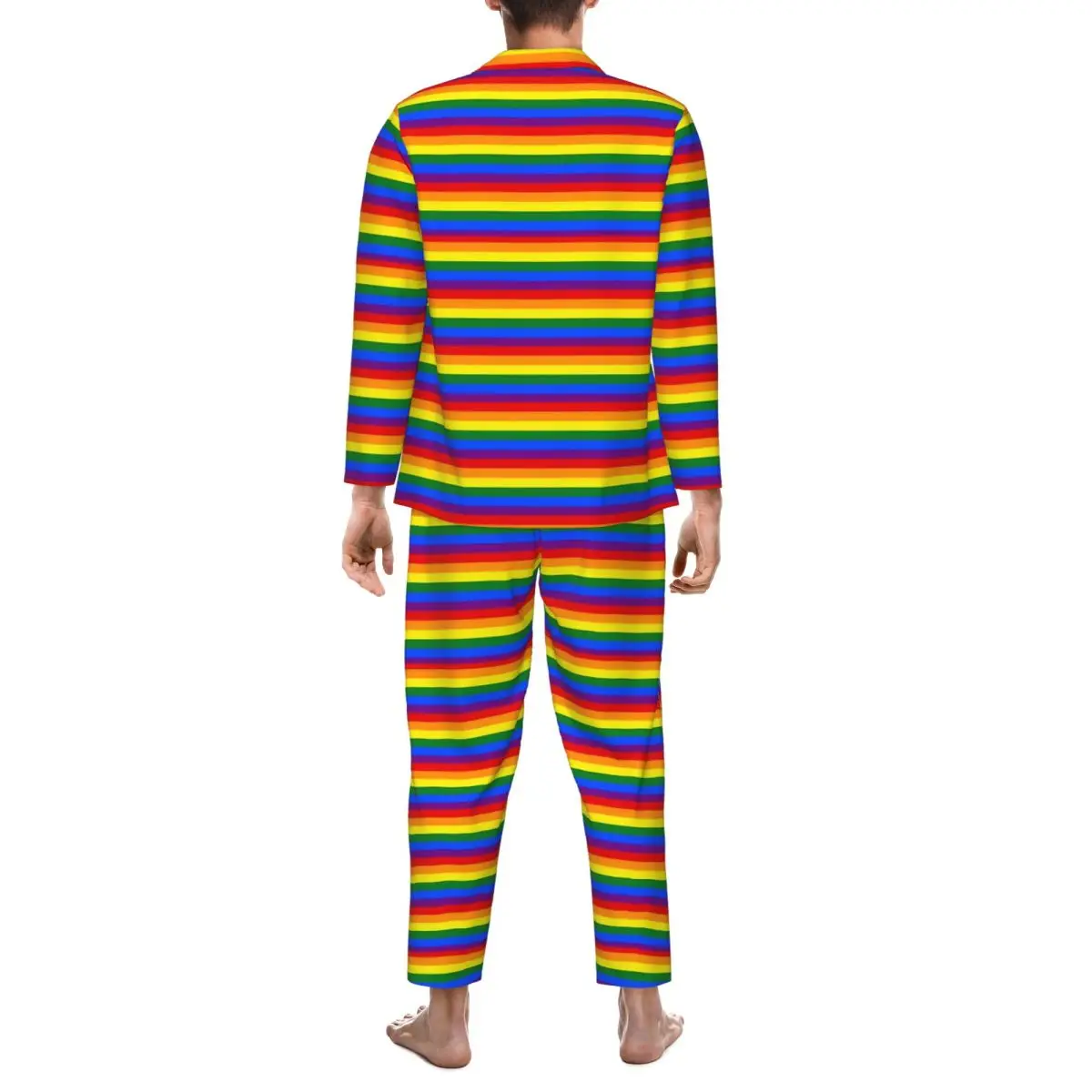 Pajamas Male Rainbow Striped Night Sleepwear Colorful Print Two Piece Casual Pajama Sets Long Sleeve Warm Oversize Home Suit