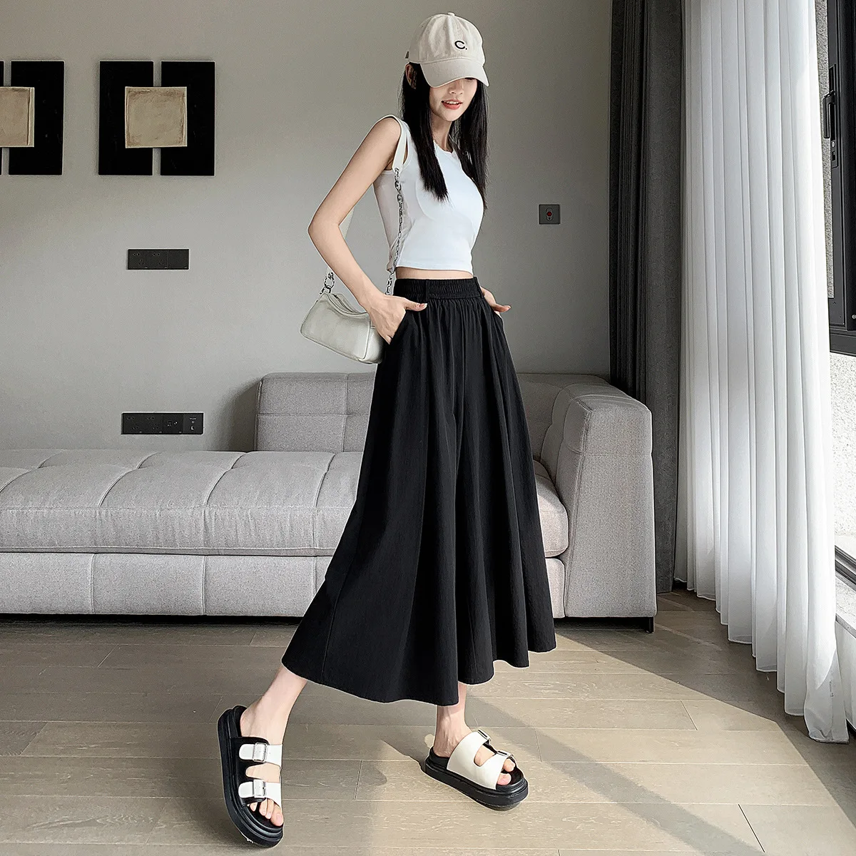 Retro style long pants skirt, ice silk cool wide leg pants, women's summer thin 9-inch skirt pants, 2-in-1 loose casual pants