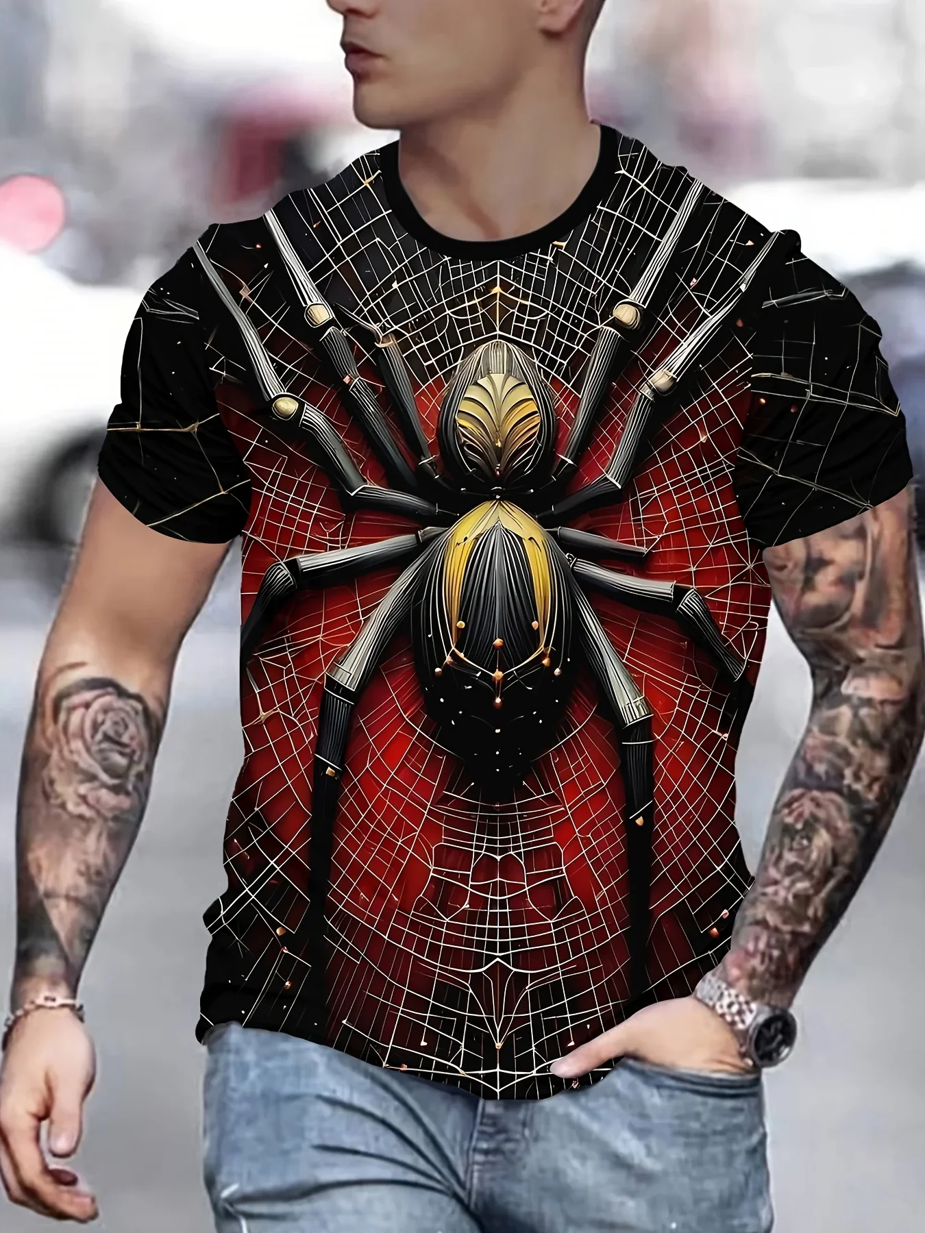 

Men's 3D Spider Print T-Shirt | Polyester Casual Tee with Golden Accents | Round Neck Regular Fit | Machine Washable