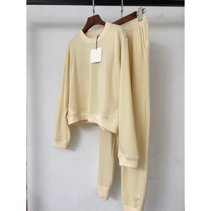 Thin Sweatshirt Cotton High Waist Pants Suit Women Clothing Nordic Style Stitching Embroidery Sports Round Neck Short Tops Sets