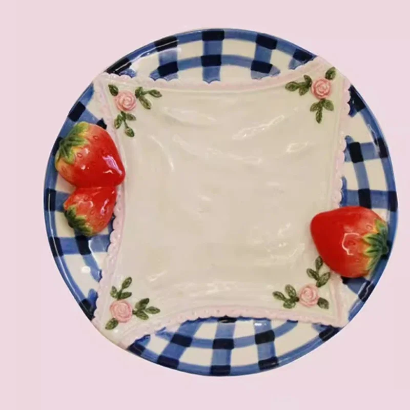 1pc Restaurant Utensils Retro Checkered Three-dimensional Strawberry Ceramic Underglaze Color Plates Dessert Plates Home Gifts