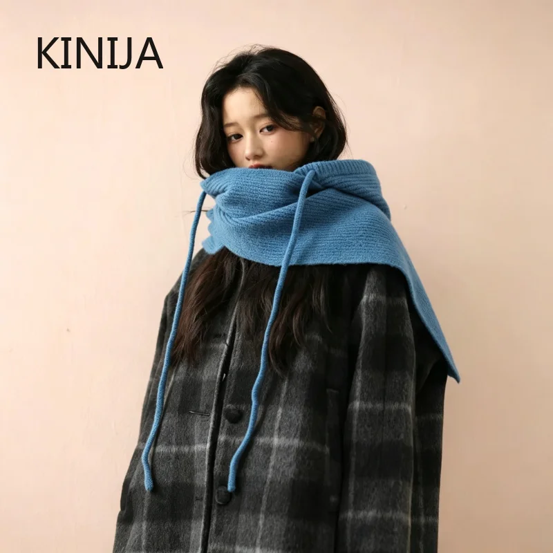 Wool Hooded Scarf for Women Knitted Balaclava Luxury Winter Warm Hat Scarf Shawls Lady Soft Wraps Neckerchief Thickened Hooded