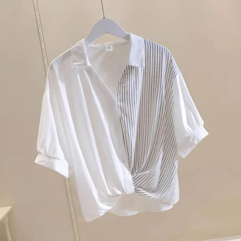 

Striped Shirts for Women Summer New Thin Vintage Basics V-neck Loose Half Sleeve Casual Korean Fashion Blouse Women Office Tops