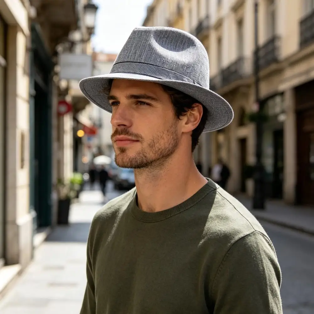 Summer Men Sun Hats Panama Caps Polyester Splicing Mesh 56-60cm Small Brim Jazz Style Outdoor Beach Sunshade Fedoras