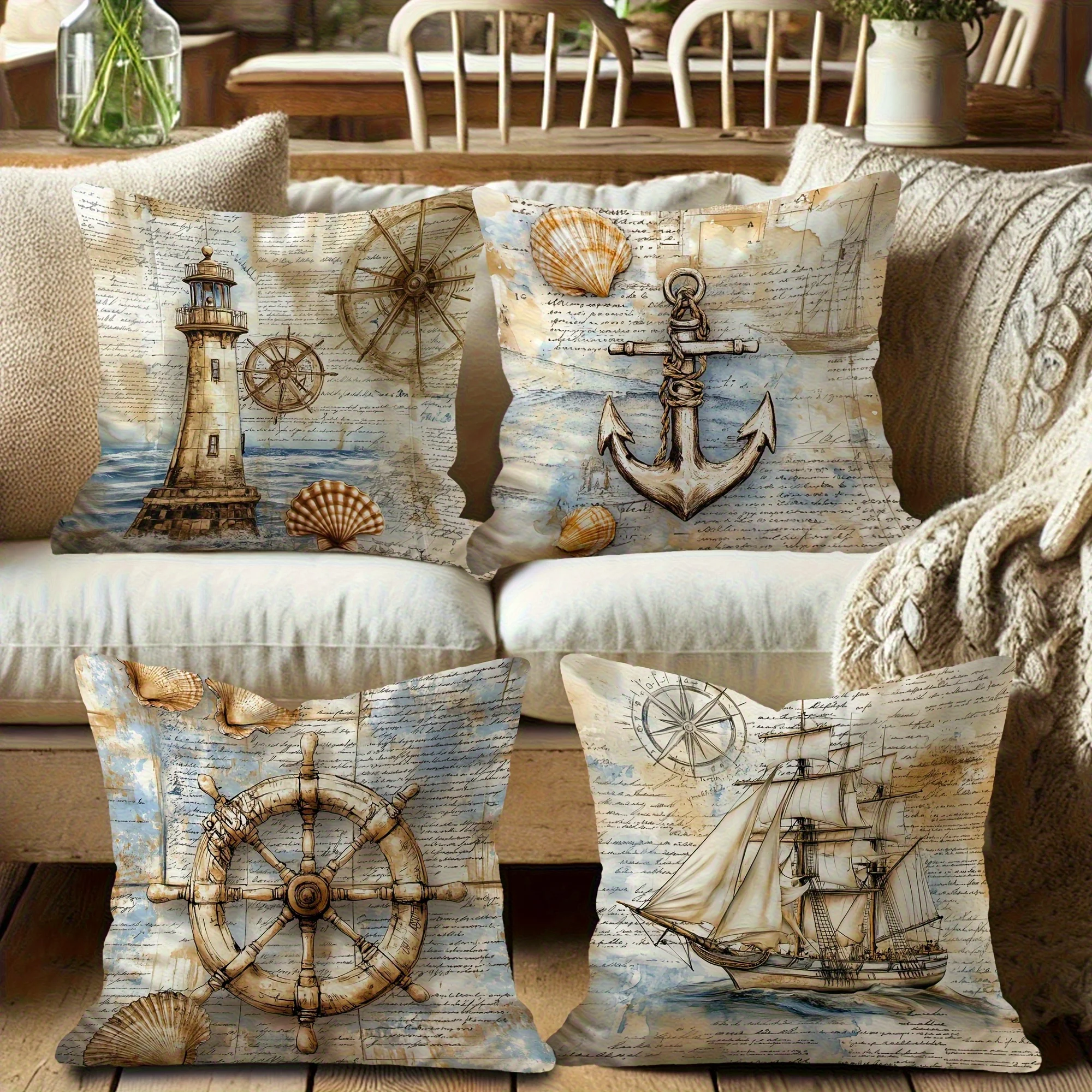 4Pcs Maritime Decor Pillow Covers - Classic Nautical Motif Printed Cushion Covers for Coastal Home De