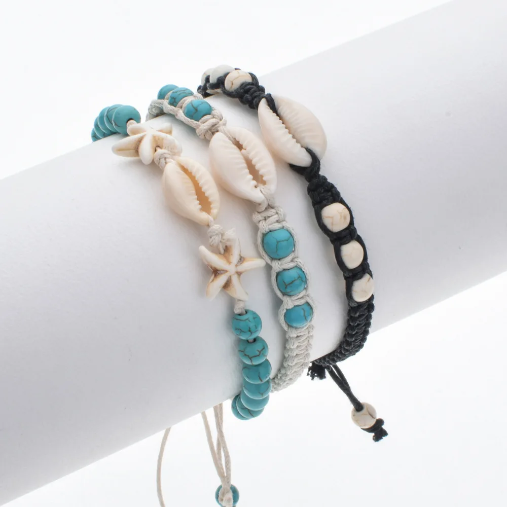 Summer Beach Cowrie Seashell Macrame Bracelet Women Good Quality Stones Black White Cord Handmade Adjustable Chic Jewelry Gift