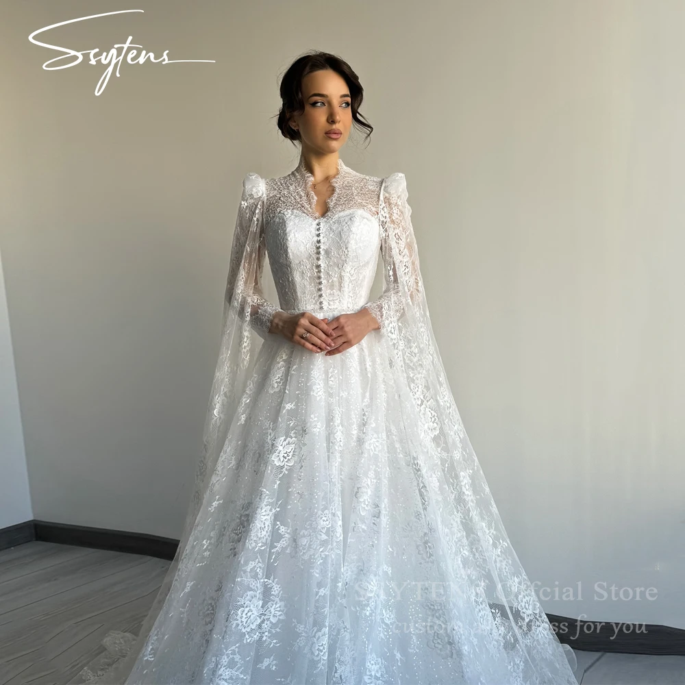

SSYTENS Elegant Wedding Dresses Full Sleeves V-Neck Lace Bridal Dress Dubai Long Sleeve Wedding Gown Robe De Mairee ﻿Customized