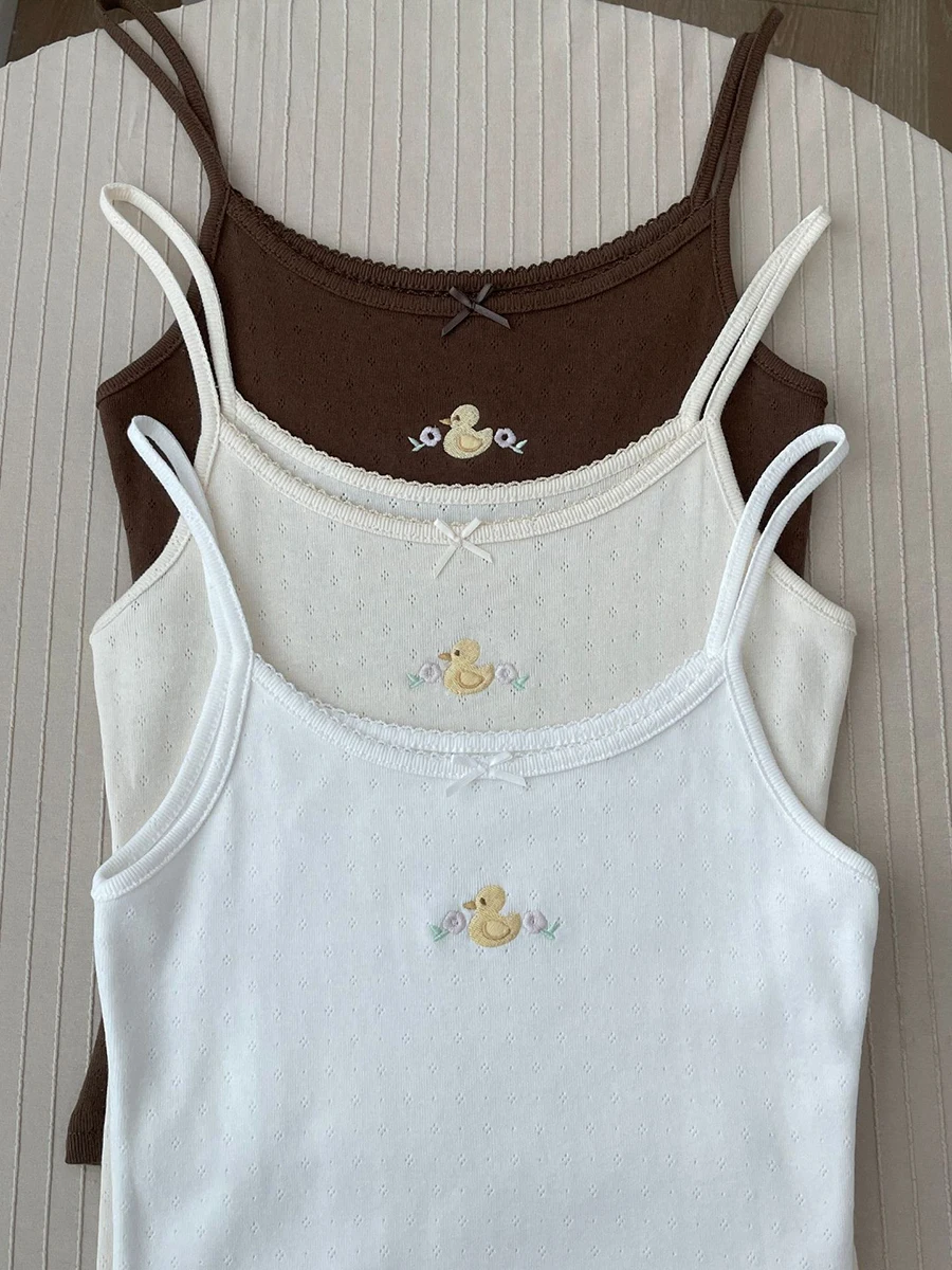 Little Duck Embroidery Cute Crop Top Summer Bow Cotton Sleeveless Slim Tank Tops Women Preppy Style Solid Sweet Camisole Y2k