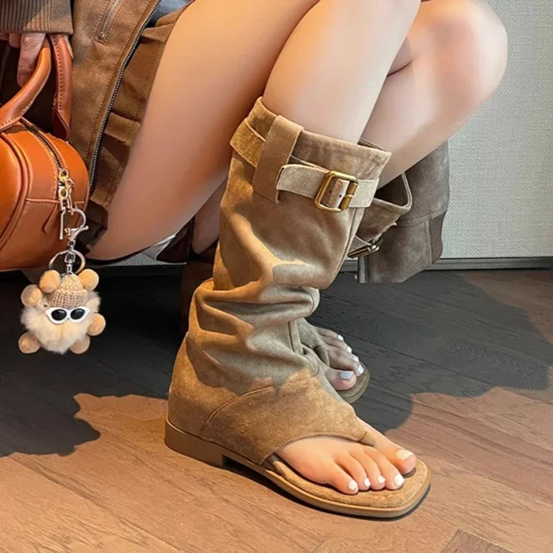 Summer Internal Elevation Women Knee High Boots Retro Style Clip Toe Shoes Ladies Causal Slip On Sandalias Booties
