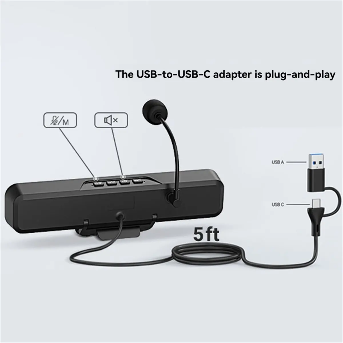 USB Speaker Bar Desktop Laptop Computer Speaker with Removable Microphone, Easily Clamps to Monitor