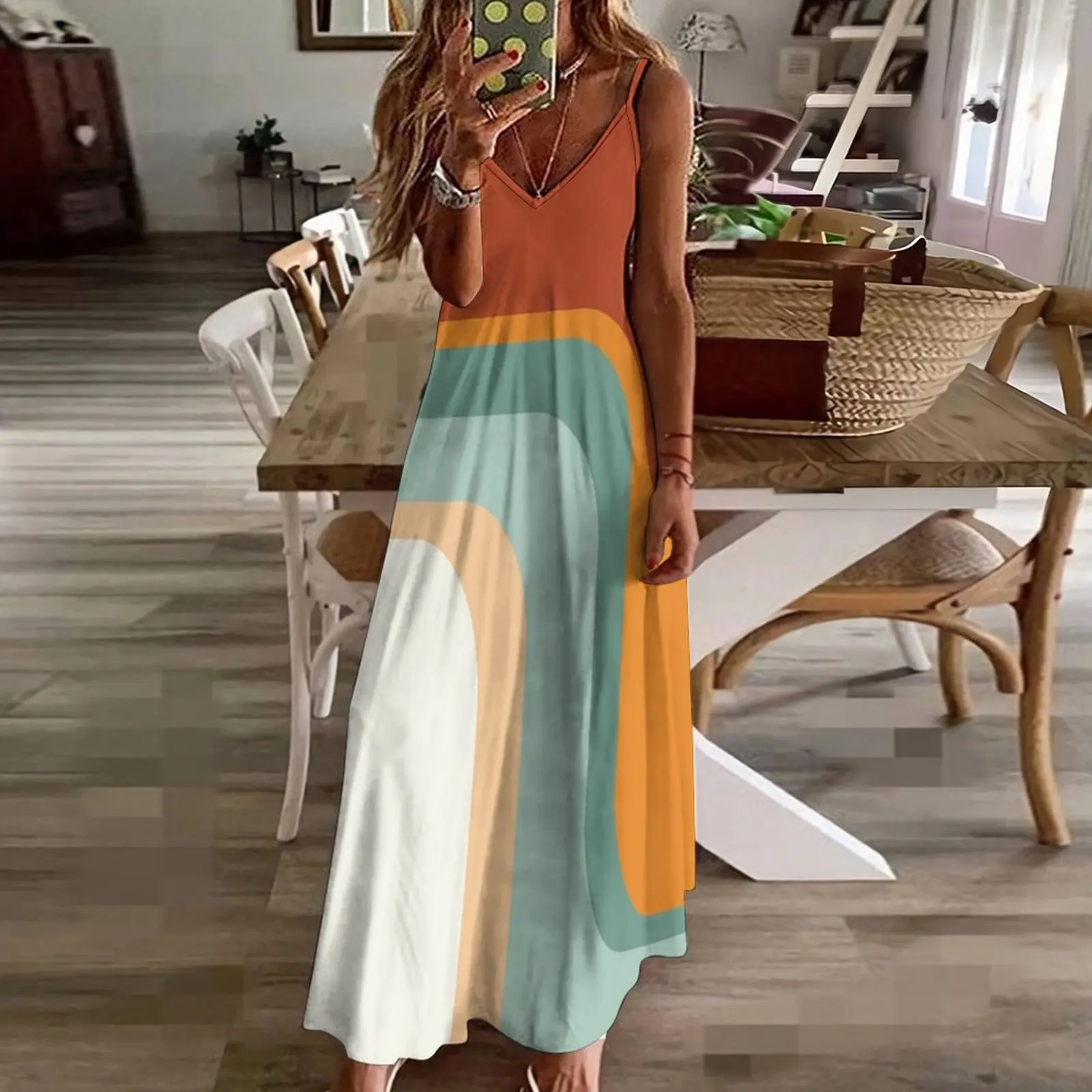 Mid-Century Modern Rainbow Rust Orange Sage Mint Boho Sleeveless Dress women's summer jumpsuit bandage dress prom dresses 2025