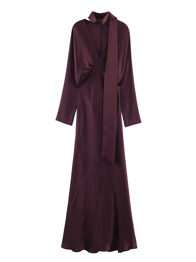 HH المرأة موضة جديدة مزاجه بسيط الحرير وشاح من الساتان فستان طويل الإناث أنيقة الخامس الرقبة ضئيلة طويلة الأكمام ألف خط فستان Mujer #1