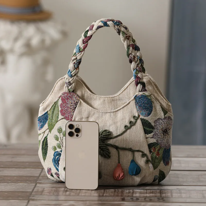 Handwoven Canvas Tote Bag with Multiple Compartments Zipper Closure Casual Style Multi-layer Handheld Bag for Women