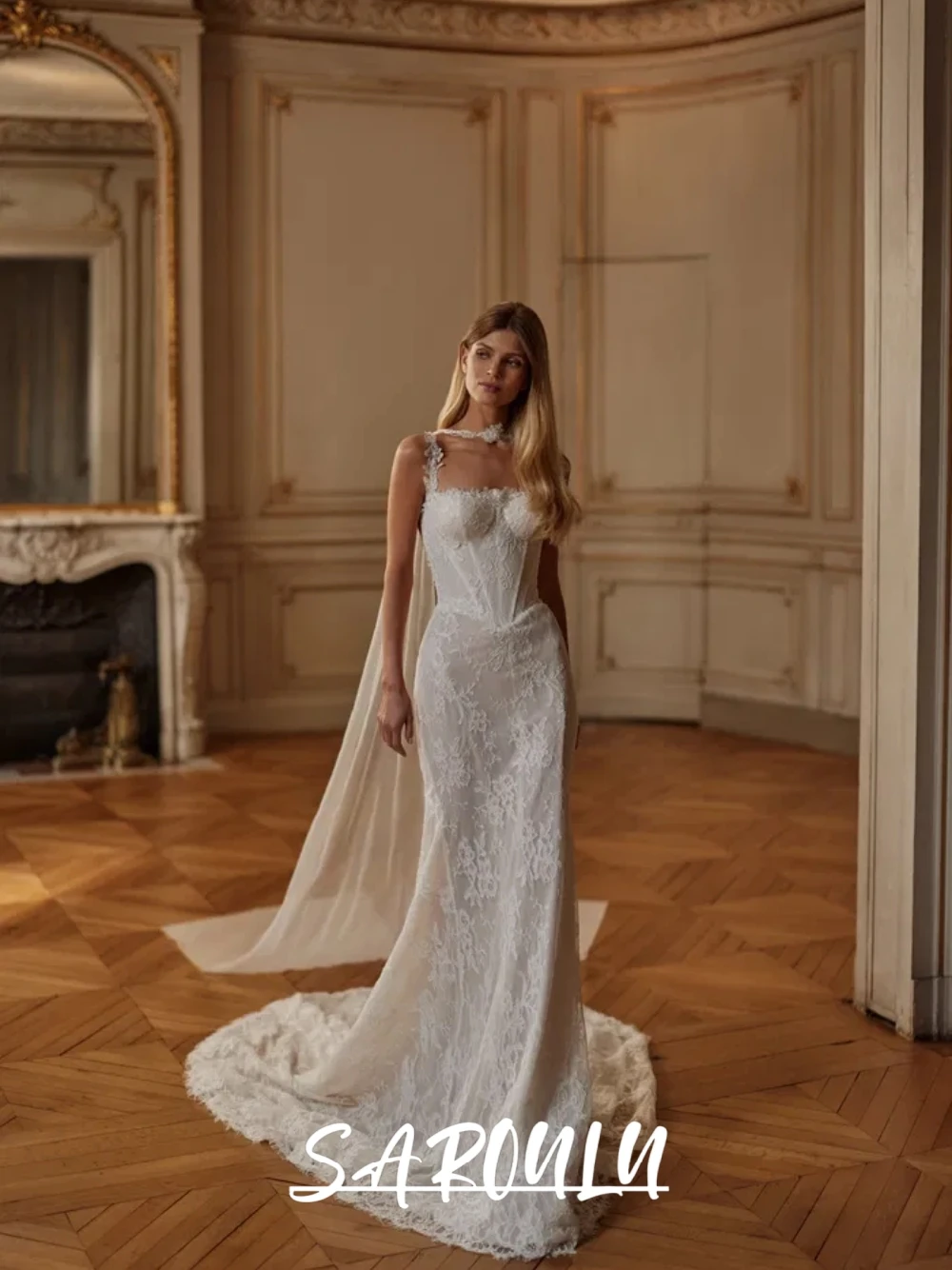 

New Arrival Modern Mermaid Wedding Dress, Pearls Appliques Beautiful Bridal Gown With Cape, Customized Thin Straps Women Wear