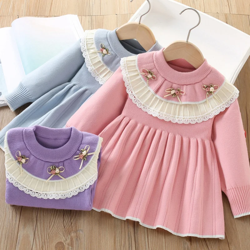 

Girls Sweater Dress Autumn Winter New Fashionable Flower Baby Knitted Long Sleeve Pullover Princess Dress