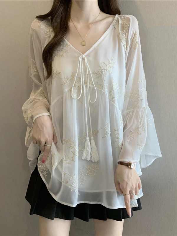

Light Blue Embroidered Flared Sleeve Chiffon Top Women's Summer New Style plus Size Fashionable Ageless V-neck Shirt