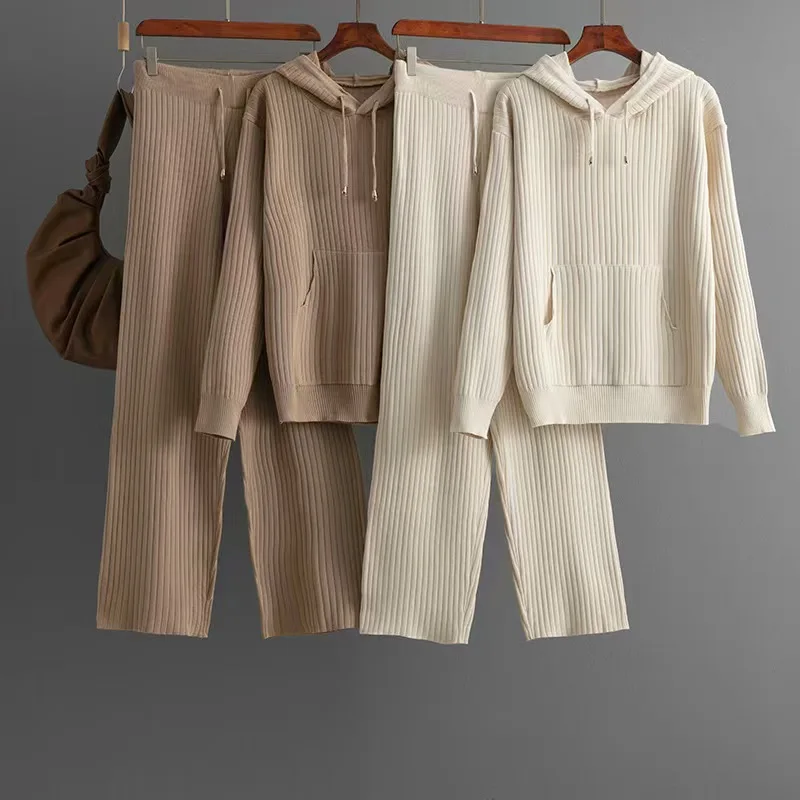 

New Knitted Hooded Top And Pants Set Long Sve Student School orm Work orm Faion Set Women's Premium Clothing