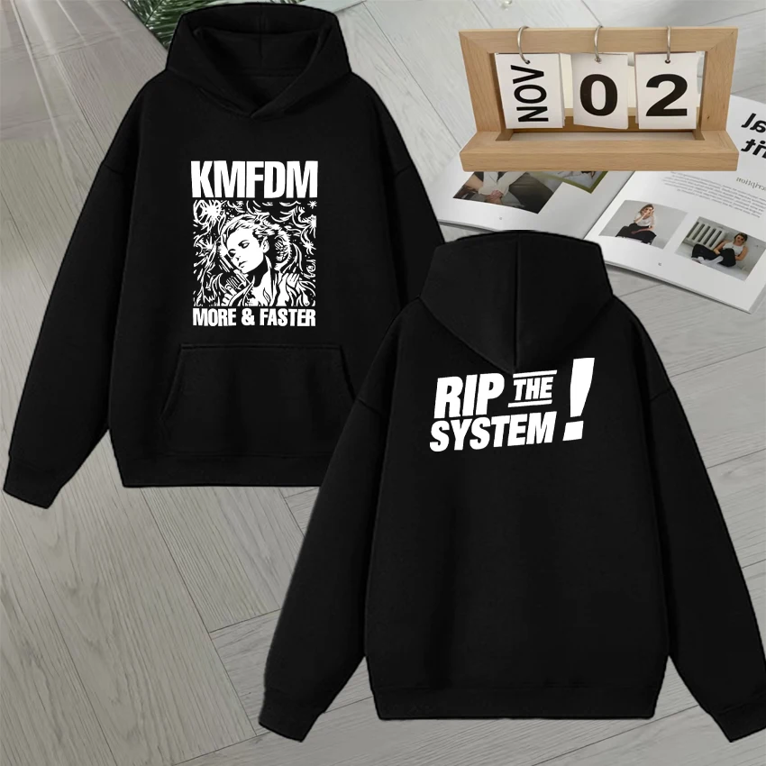 

Vintage Kmfdm More and Faster Rip The System Double Sided Print Hoodie Men Women Long sleeve Streetwear Fleece Sweatshirt Unisex