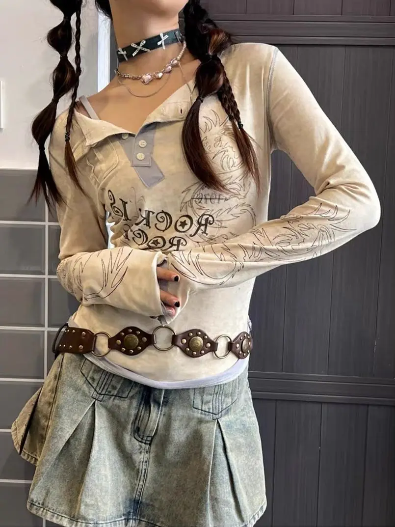 Long sleeve fake two piece T-shirt Y2k Aesthetic Vintage Print Women 2024 Harajuku Top Casual Fairy Grunge Bottoming Tee Shirts