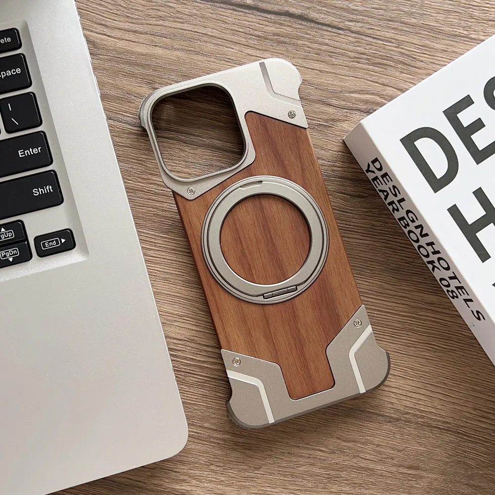 Titanium Alloy Metal Wood Case for iPhone 13 14 15 16 Pro Max 16Plus 360 Rotate Bracket Shockproof Bumper Wireless Charging Case