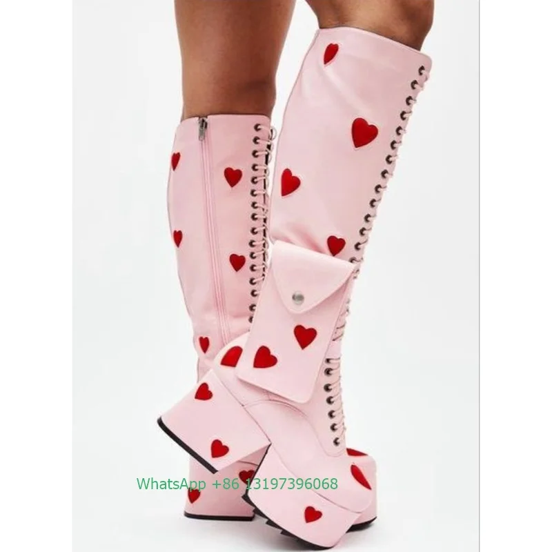 

Lady cute pink knee boots chunky heel pocket print design boots side zip heart Mary Jane calf boots large size footwear 43