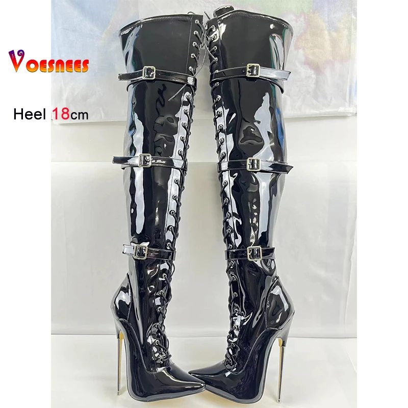 

Black Sexy 18cm Metal Over Knee Women Boots Night Club Stage Pole Dance Thigh High Buckle Belts Boots Custom Colors Plus Size 46