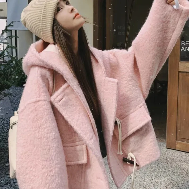 Pink Hooded Crop Woolen Coats Women Casual Chic Horn Buttons Sweet Thick Outwear Korean Loose Long Sleeve Office Lady New Tops