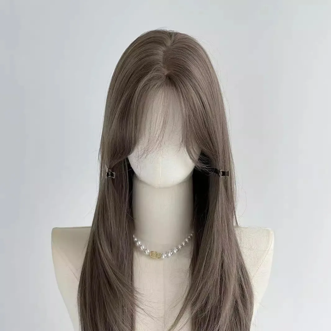 Long Straight Layered Wig for Women Ash Brown Middle Part Heat Resistant Synthetic Hair for Daily Wear