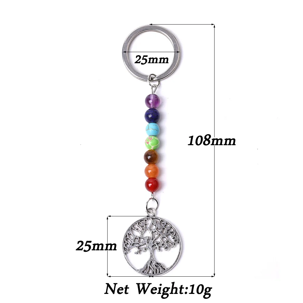 10pcs Reiki Energy Healing 7 Chakra Crystal Beaded Keychains Key Ring with Om Flower Tree of Life Pendants for Jewelry Gift