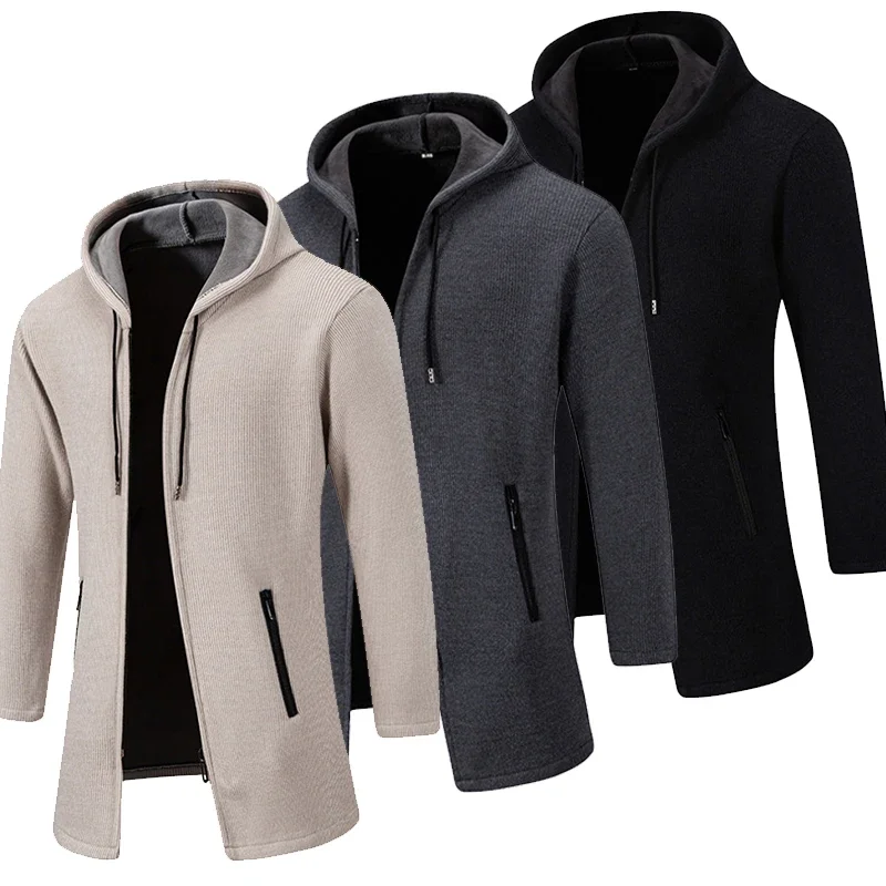 Autumn Winter Mens Hooded Coat Brand New Solid Color Warm Thick Casual Windbreaker Jacket Fashion Mens Cardigan