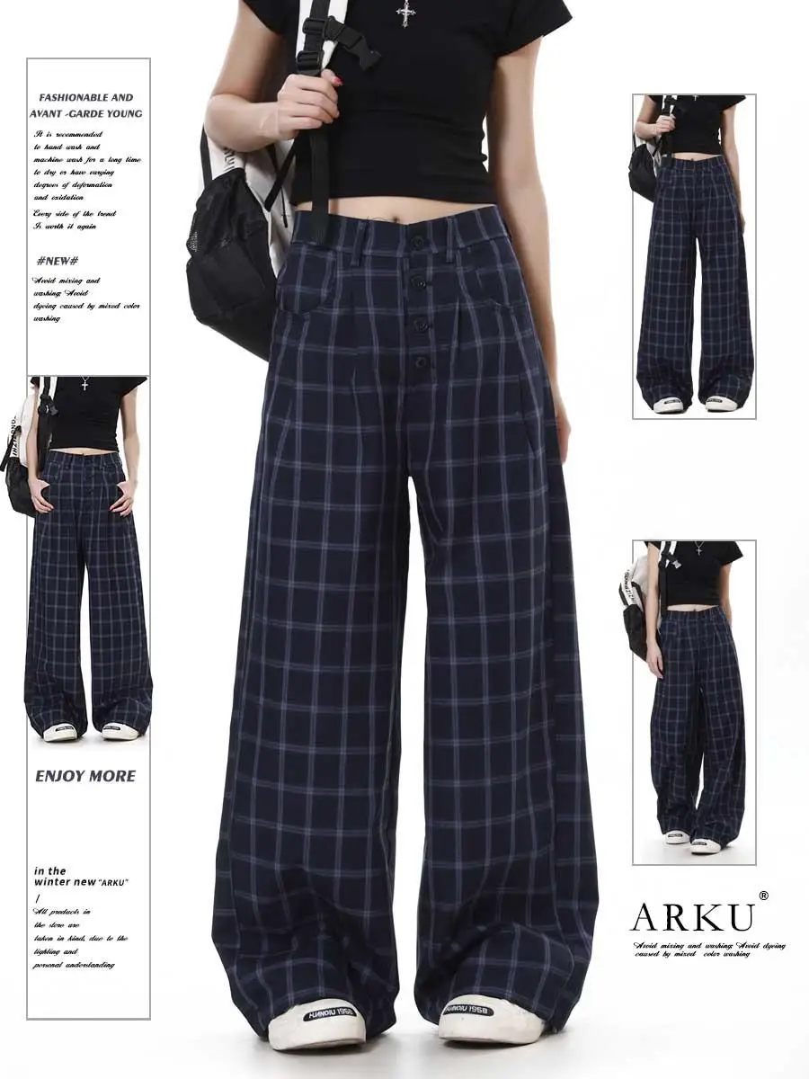 

Повседневные брюки в клетку в американском стиле ретро, мужские брюки ранней осени Lazy Sensation Dra длиной до пола, широкие брюки прямого кроя