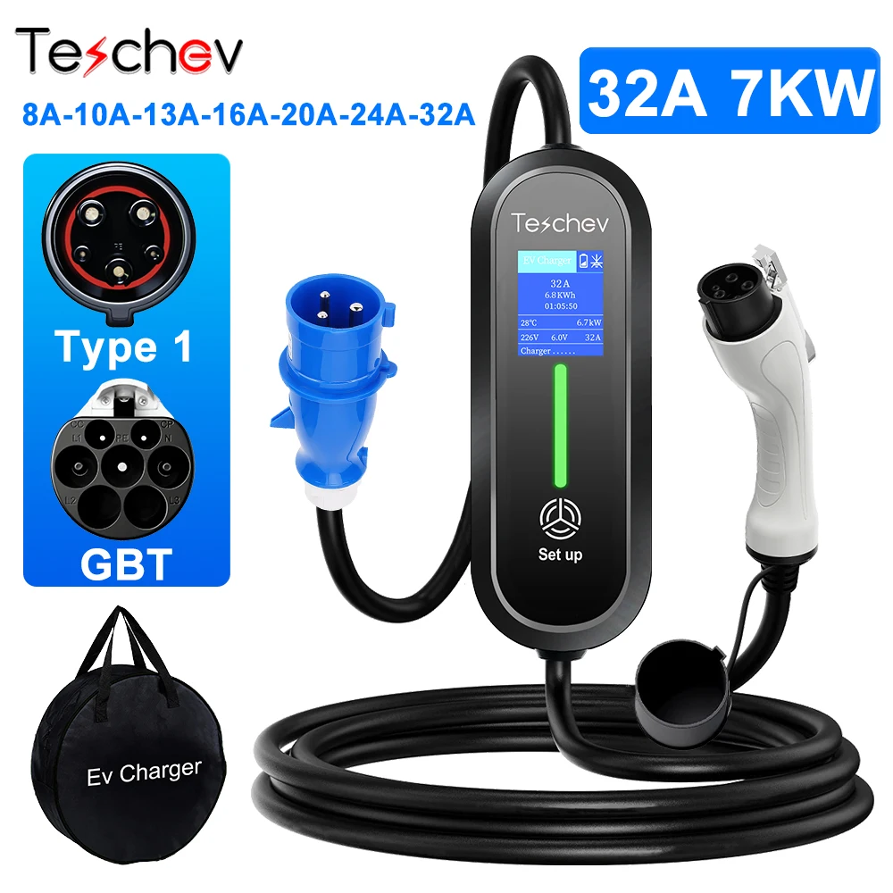 

Teschev 7KW 32A 1Phase Portable EV Charger Type1 Electric Car Charger GBT EVSE Fast Charging Wallbox Home Charging Station