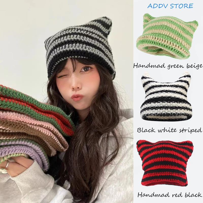 Y2K Japanese Streetwear Harajuku Beanie Little Devil Striped Knitted Hats for Women Men Girls Autumn Winter Cute Cat Ear Bonnets