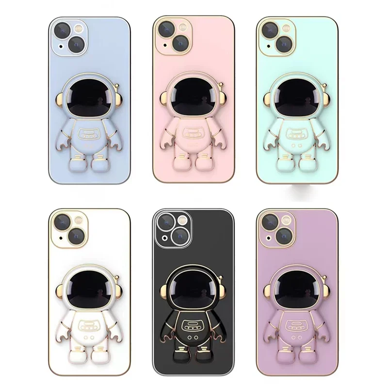 Astronaut Plating Stand Holder Case For Tecno Spark 8C 9T 8 7 6 Go Pova 2 Camon 18 16 15 Pro Pop 5 LTE Soft Bracket Phone Cover