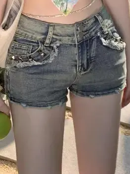 女士白色牛仔短褲 Y2k 牛仔短褲 原宿風復古低腰牛仔短褲 2000年代頹廢風夏季裝 10 最佳銷售 短款牛仔褲女 - №7