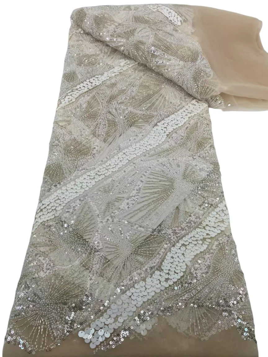 

High Quality African Super Heavy Bead Sequins Tulle Embroidered Groom Lace Fabric Beaded Sequins Lace Fabric For Nigerian Dress