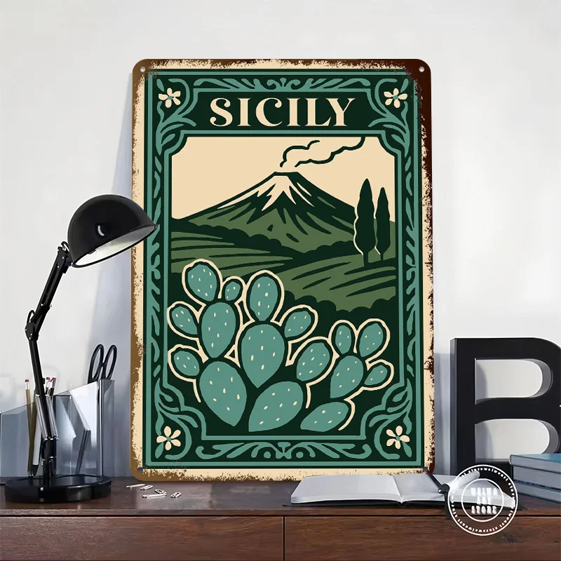 Sicily Travel With Mount Etna Tinplate Poster Custom Wall Art Vintage Metal Signs Retro Tin Plaque for Home Decor Accessories