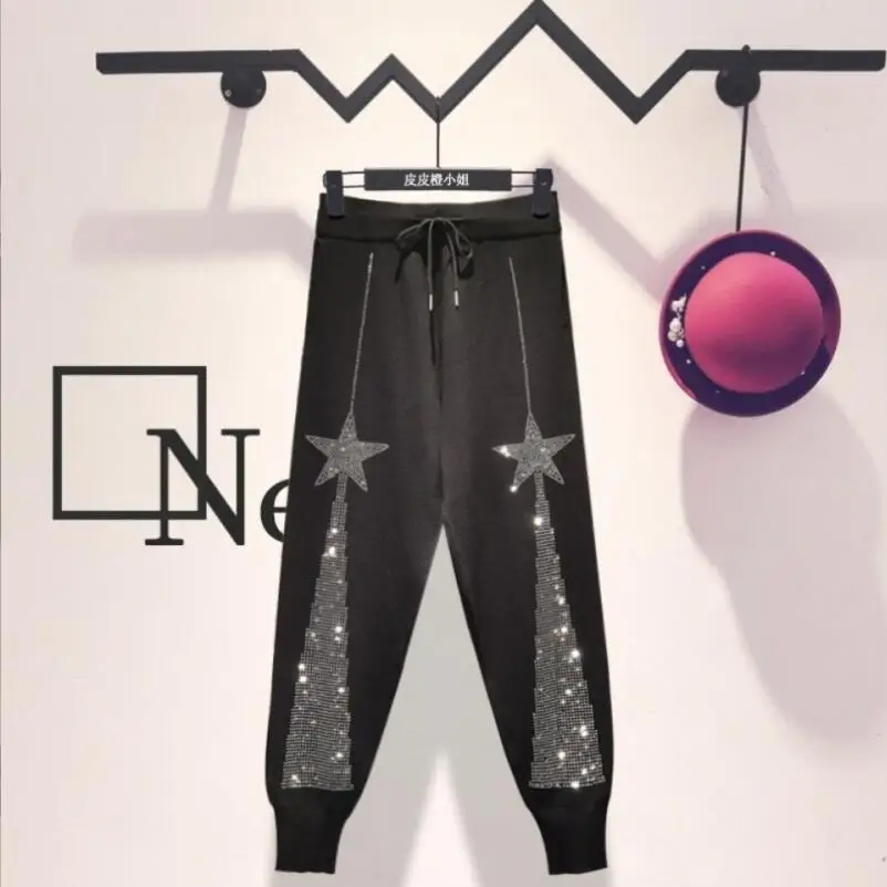 

Woman Casual Pants Black Heavy Embroidery Hot Drilling Pants for Women Spring 2023 Korean Loose Trousers Ankle Banded Pants w579