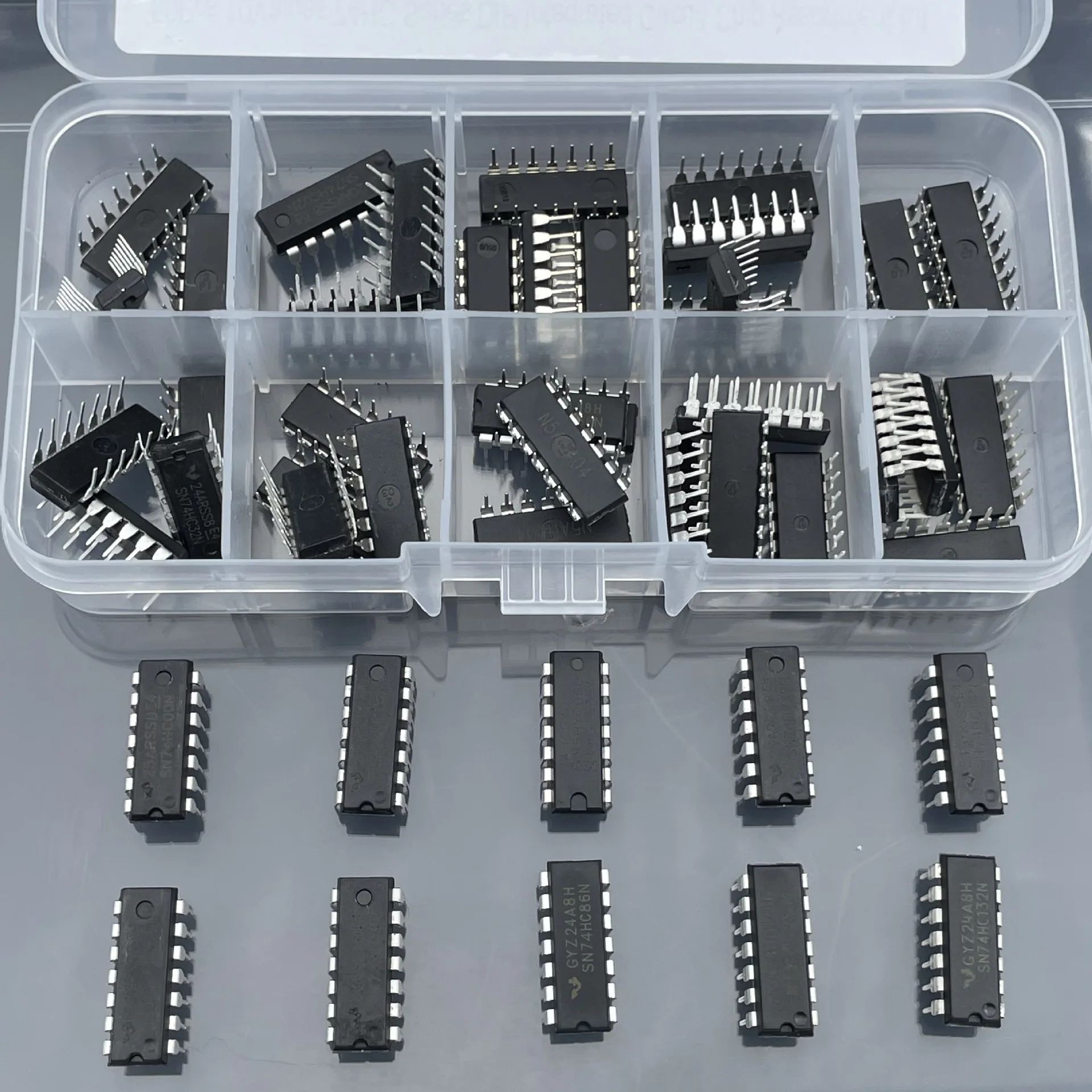 50PCS 74HC Series Logic IC Kit DIP Through Hole 10 Types 74HC00 02 04 08 14 32 74 86 125 132 Assortment with Storage Box