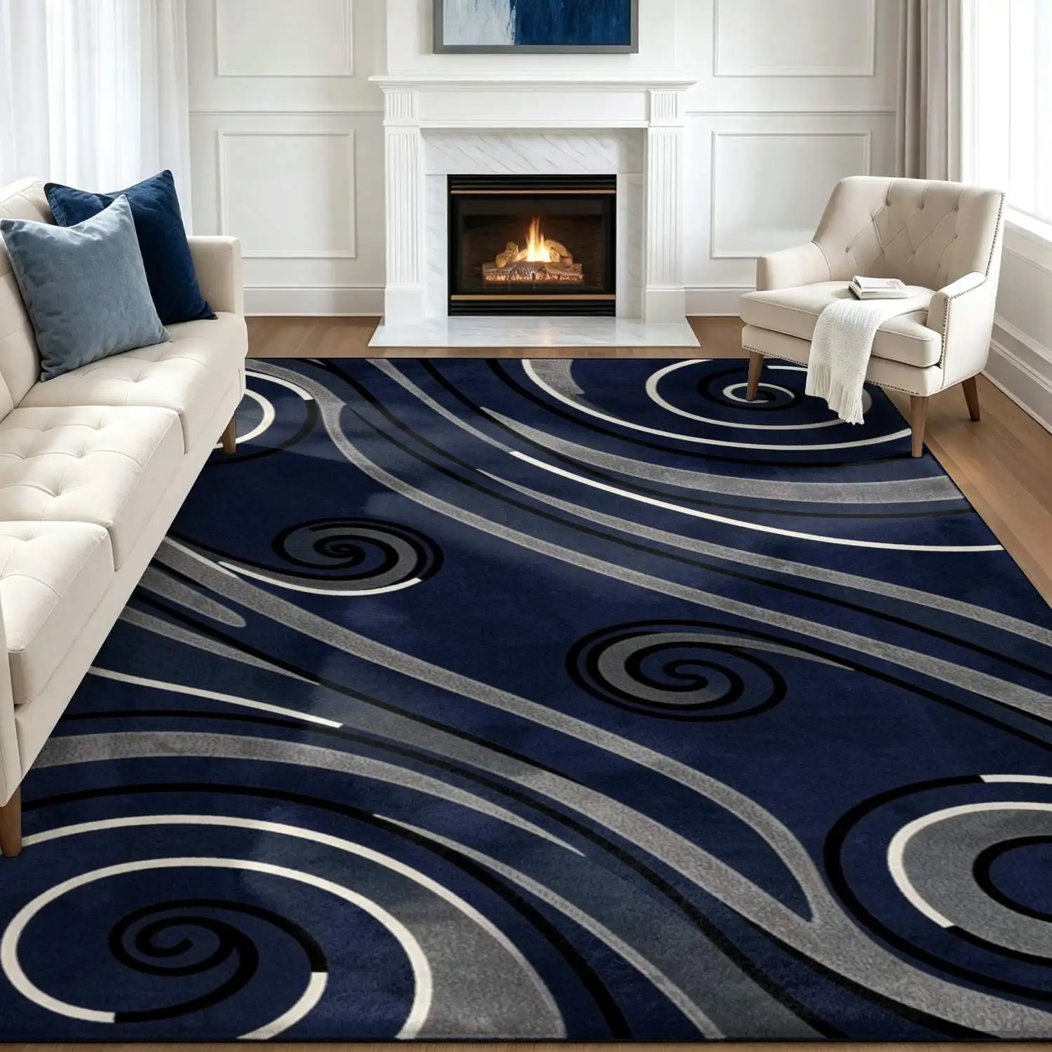 1Pc 2D Printed Carpet: Dark Blue-Grey Spiral Geometric Nordic Rug, Suitable for Modern Minimalist/European/Vintage Interiors, Machine Washable, Multi-Size, Ideal for Entryway, Dining Room, Foyer, Living Room, Bedroom Decor