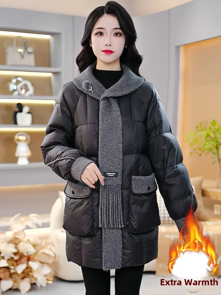 

Women's Fce Lined Cotton Jaet Thi Warm Coat with Scarf Collar Korean Sle Loose Fit Long Sve Single Button Closure