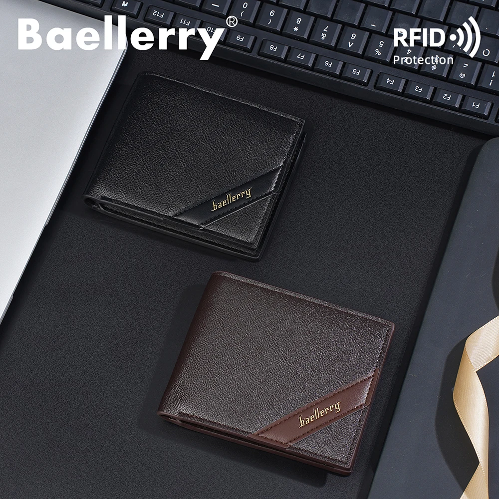 محفظة Baellerry للرجال RFID قصيرة ثنائية الطي، حامل بطاقات جلدي ممتاز مضاد للتشطيط مع جيب للعملات المعدنية بسحاب، آمن M
