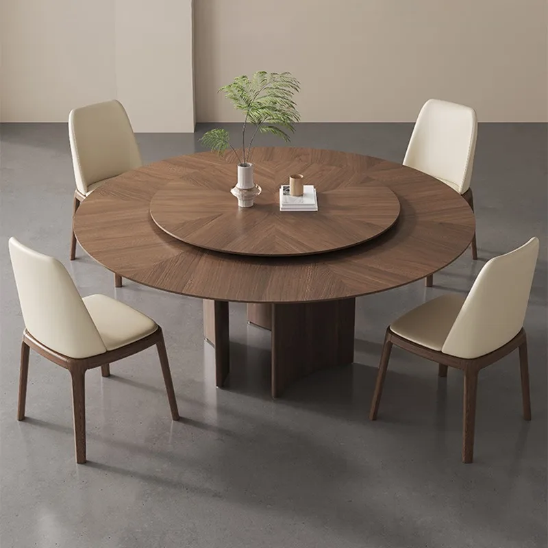 Retro solid wood round dining table and chair combination medium and ancient style small apartment with turntable North American