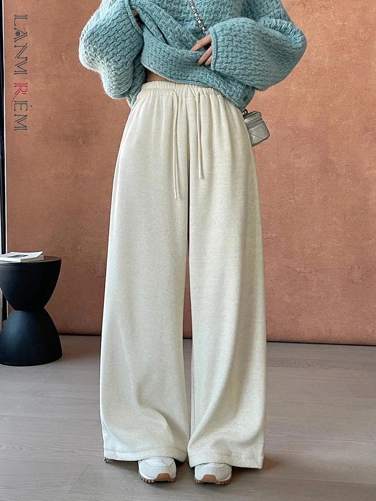 

[LANMREM] Drawstring Elastic High Waist Pants For Women Straight Wide Leg Trousers Minimalism Clothes 2024 Winter New 26C1473