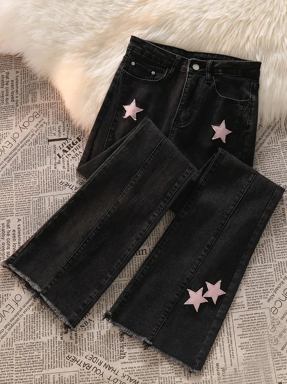 

Star Stitched Design Black Flared Jeans for Women Fashion High Waist Stretch Skinny Jeans Spring Autumn Female Slim Denim Pants