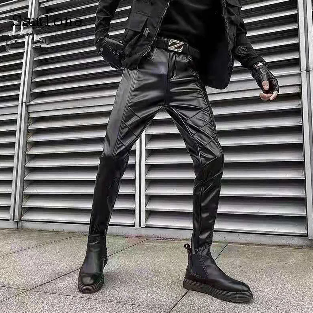 Men's Rock Style PU Leather Pants Sexy Grunge Club Dance Pant Men Fashion Zipper PocketFaux Leather Slim Motorcycle Trouser New
