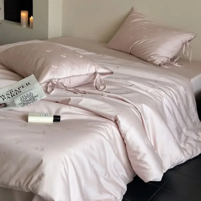 

High-end Cherries Jacquard Tribute Satin Bedding Set 100% Cotton Skin-friendly Duvet Cover Set Soft Quilt Cover and Pillowcases